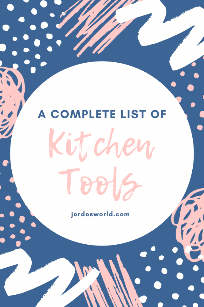 This is a pinterest pin for the post about kitchen tools. There is a circle with the title of the post and there are navy blue and pink designs in the background.