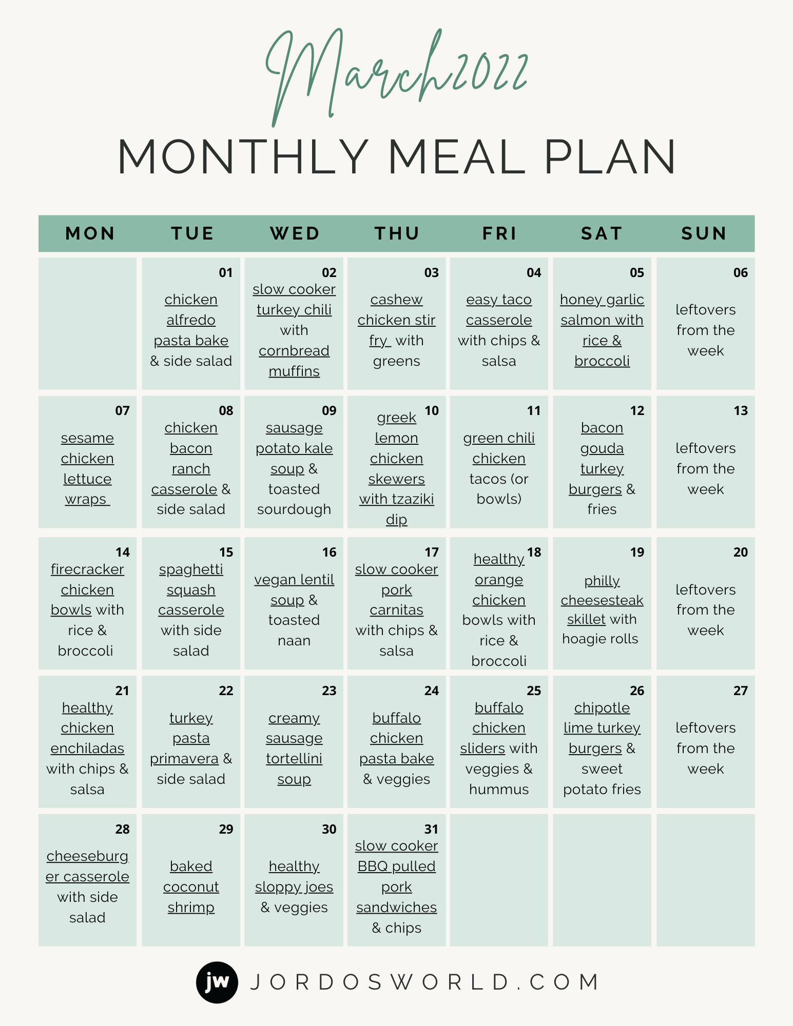 Free Monthly Meal Plan Jordo's World