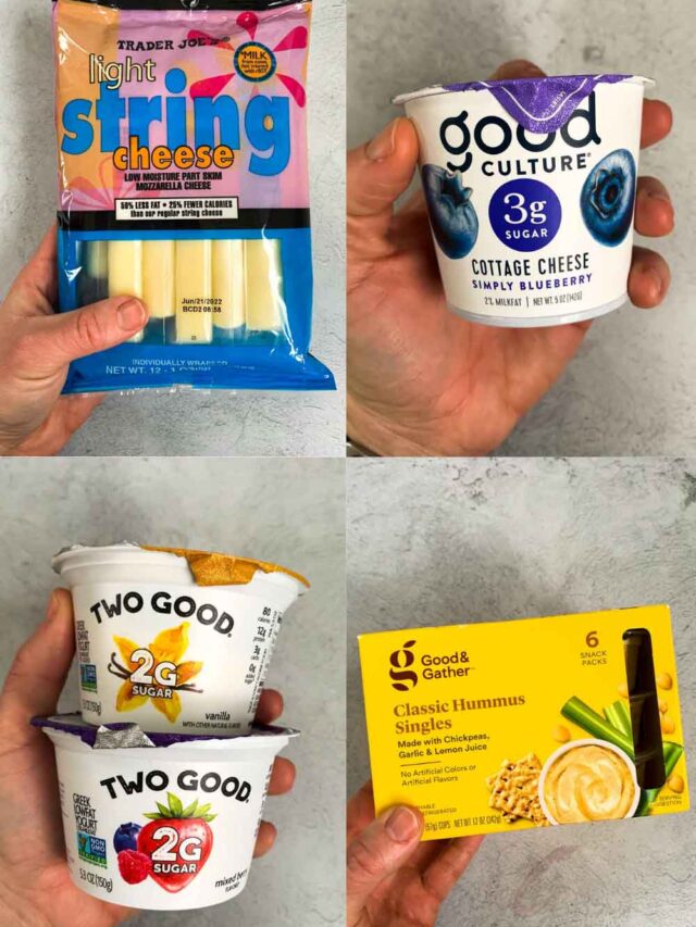 This is a collage of snacks. There's string cheese, cottage cheese, greek yogurt, and hummus cups.