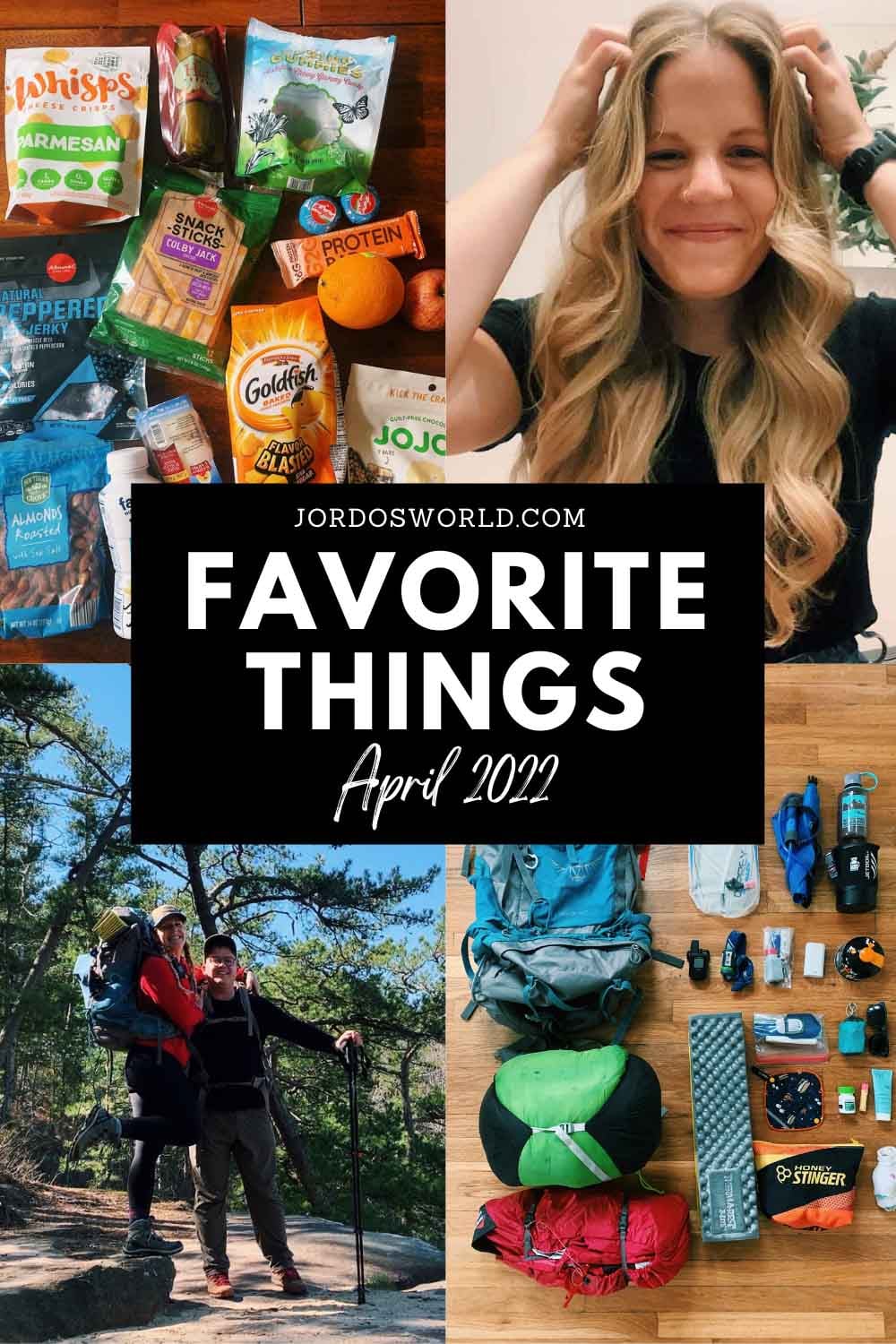 This is a collage of my favorite things lately! There's a picture of all the snacks, a middle part picture of me, a picture of male & female backpacking together, and a picture of backpacking gear on the ground.