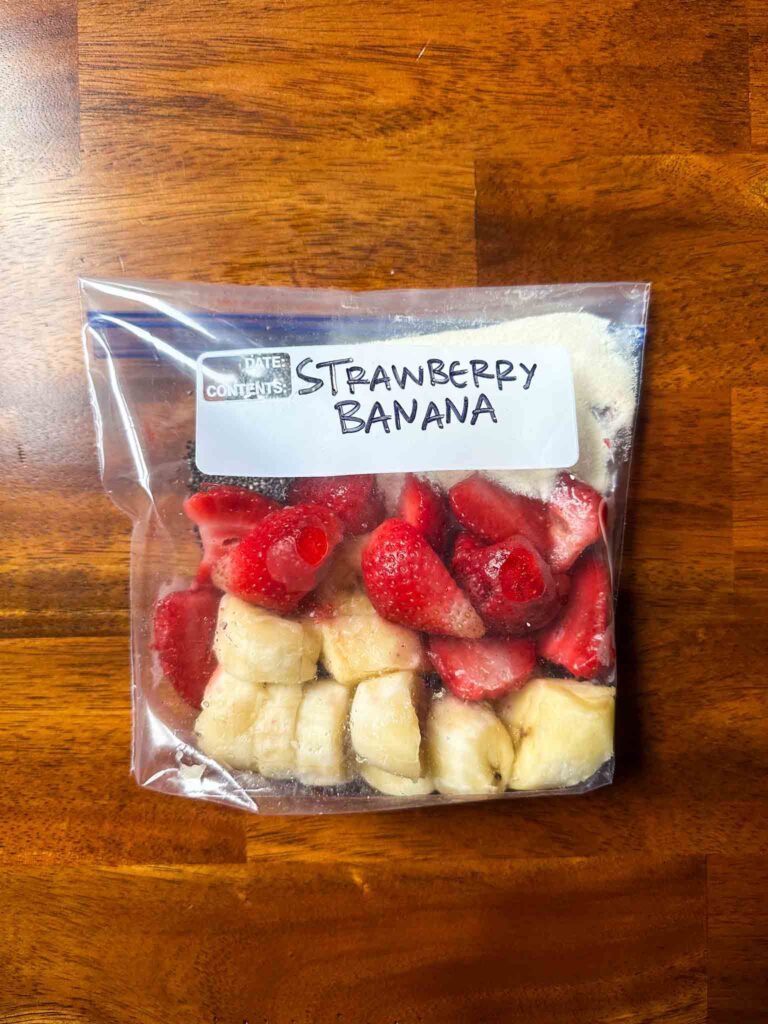 Bag with strawberry banana smoothie ingredients (details in post)