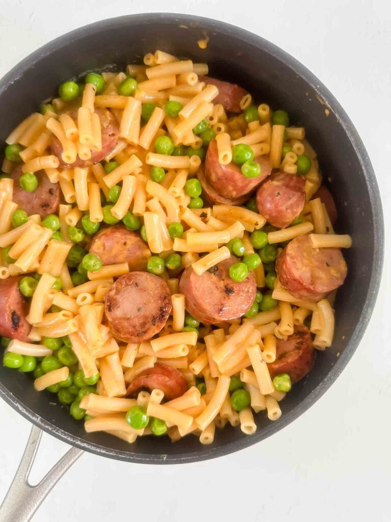 Mac and cheese with sausage and peas (Details in post)