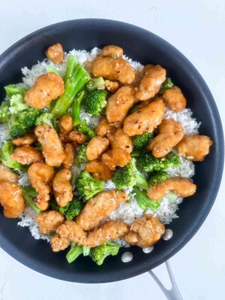 Pot of orange chicken bowl with rice (details in post)