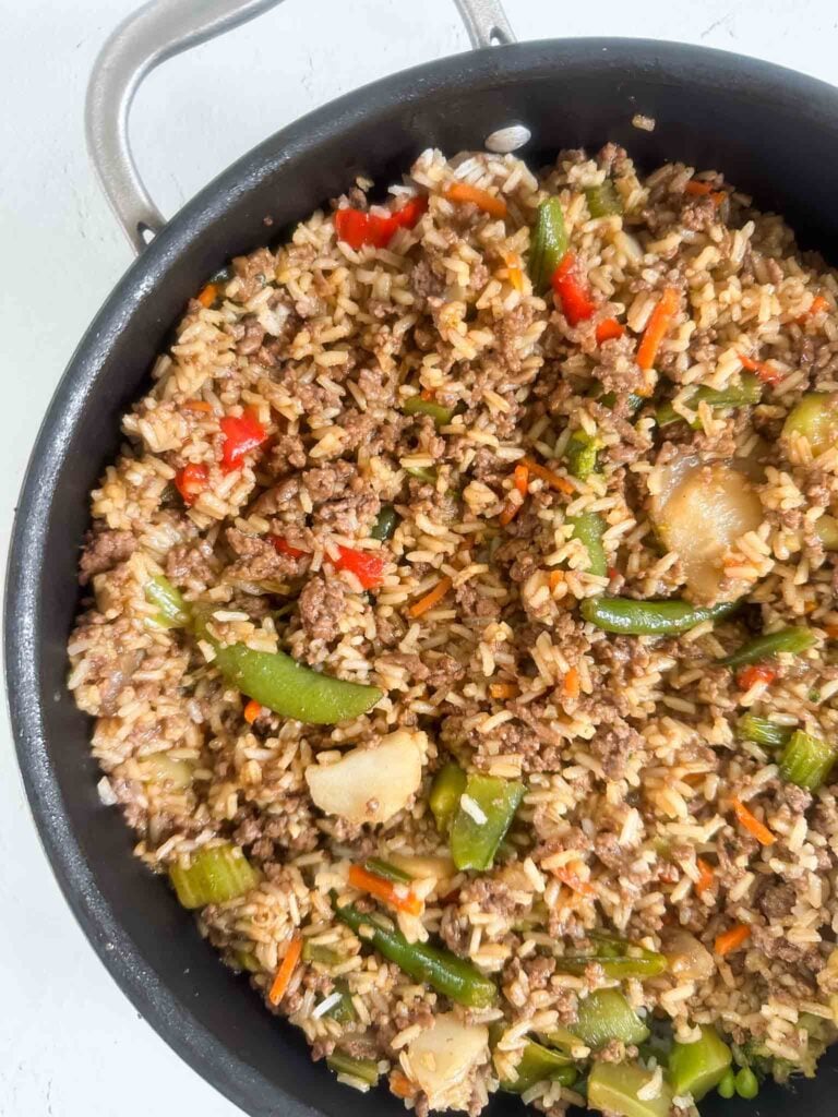 Skillet with stir fry bowl ingredients (details in post)