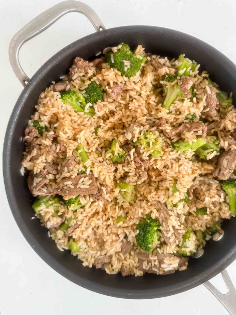 Skillet with broccoli beef bowls (detail in post)