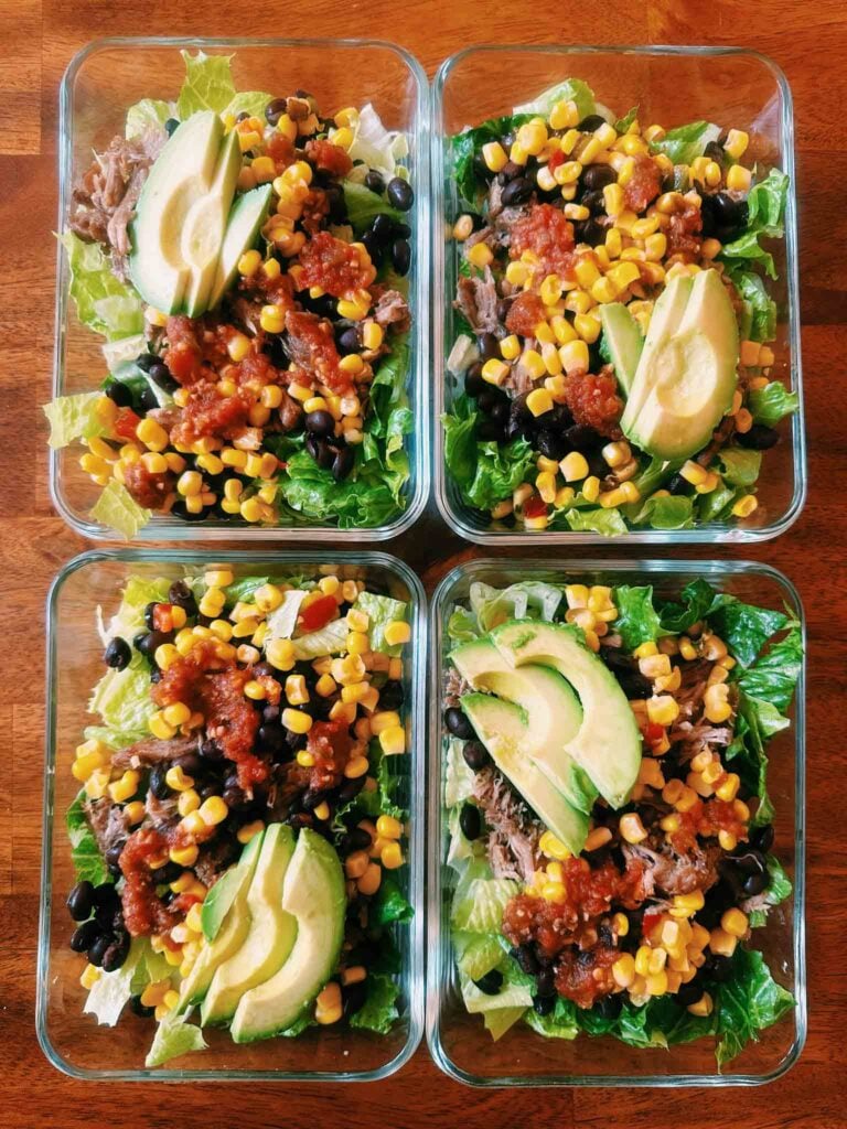 Four containers with carnitas bowls (details in post)