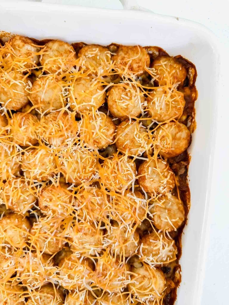 Dish with mexican tater tot casserole (Recipe in post)