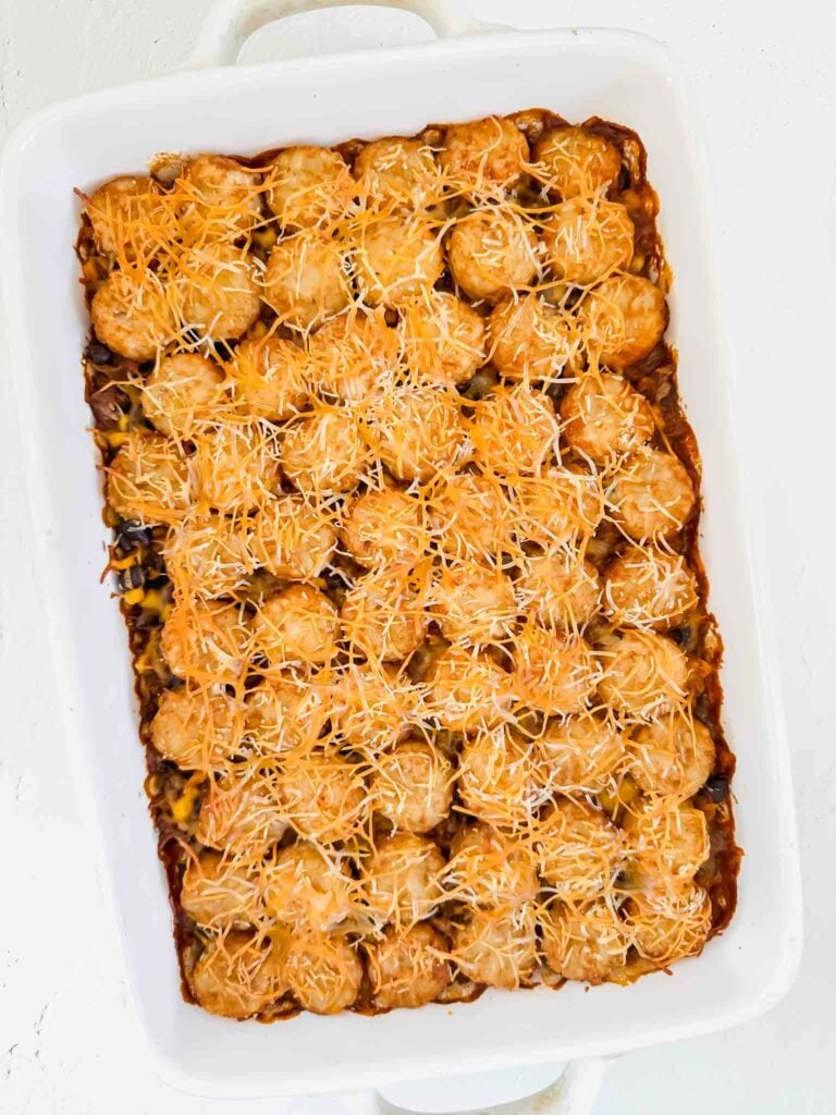 Overhead of dish with mexican tater tot casserole