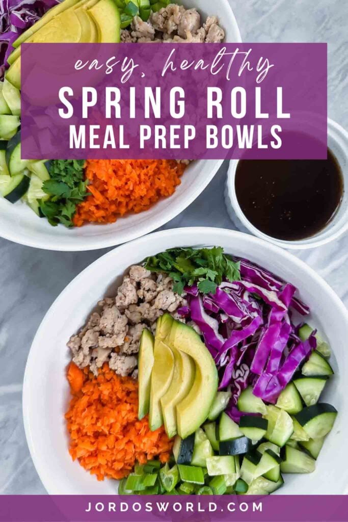 This is a pinterest pin for spring roll bowls. There are two white bowls filled with the spring roll combinations. Each bowl has a section of white rice, shredded carrots, turkey, purple cabbage, green cucumber, green avocado, green onions, and a sauce.