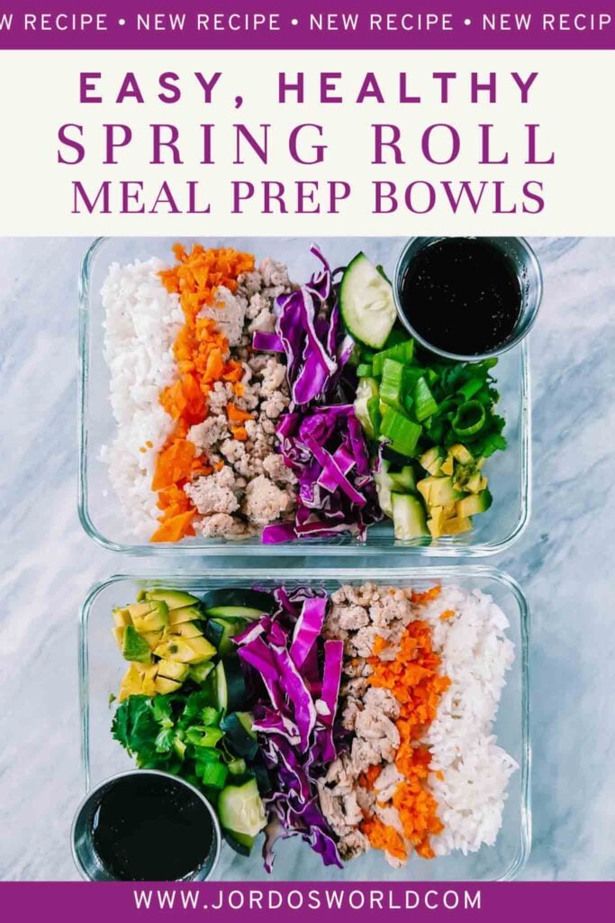 This is a pinterest pin for spring roll bowls. There are two clear glass rectangle containers filled with the meal prep. Each bowl has a line of rice, shredded carrots, turkey, purple cabbage, green cucumber, green avocado, green onions, and a sauce.