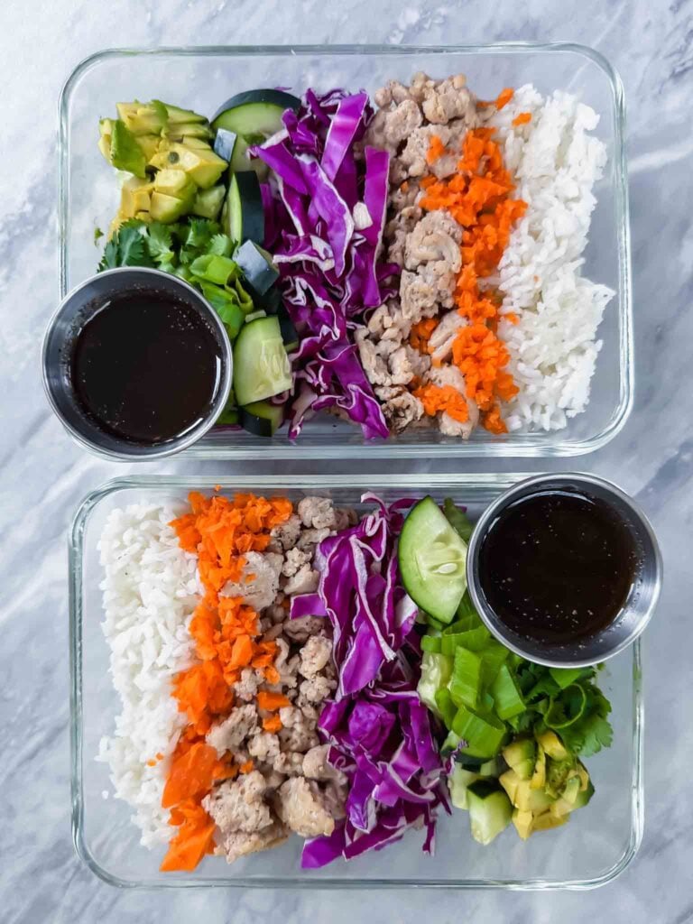 Two glass containers with spring roll bowl and sauce (Recipe in post)