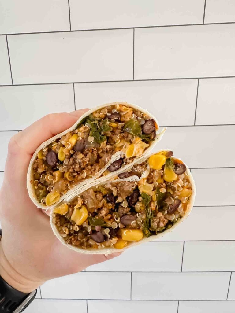 Close up cross section of easy beef burrito