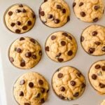 This is a picture of pancake mix muffins. There's a silver muffin tin with perfectly golden brown muffins with chocolate chips.