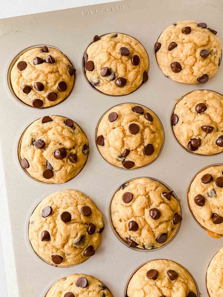Close up of pancake mix muffins with chocolate chips (recipe in post)