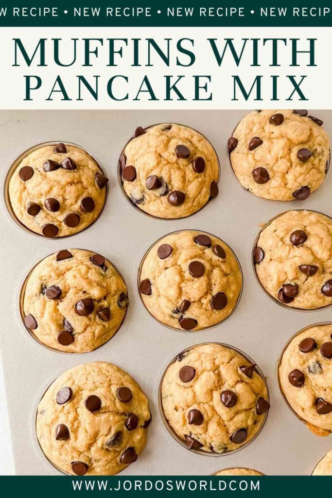 This is a pinterest pin for pancake mix muffins. The muffins are golden brown with melted chocolate chips in a muffin tin.