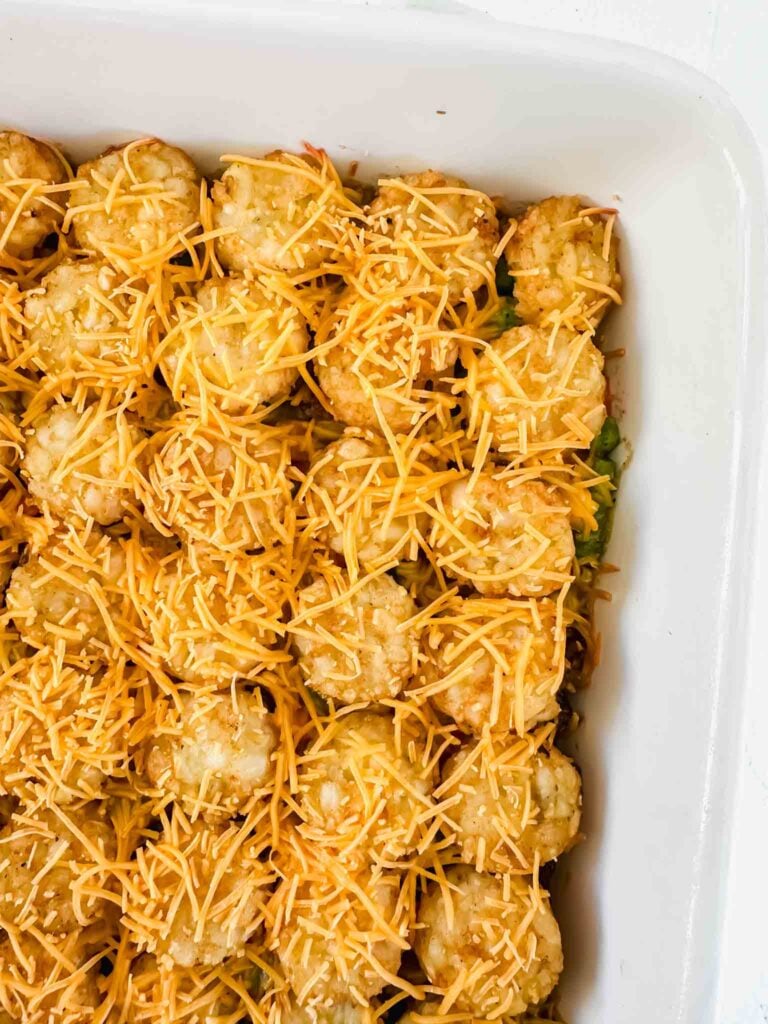 Close up skillet tater tot shepherd's pie