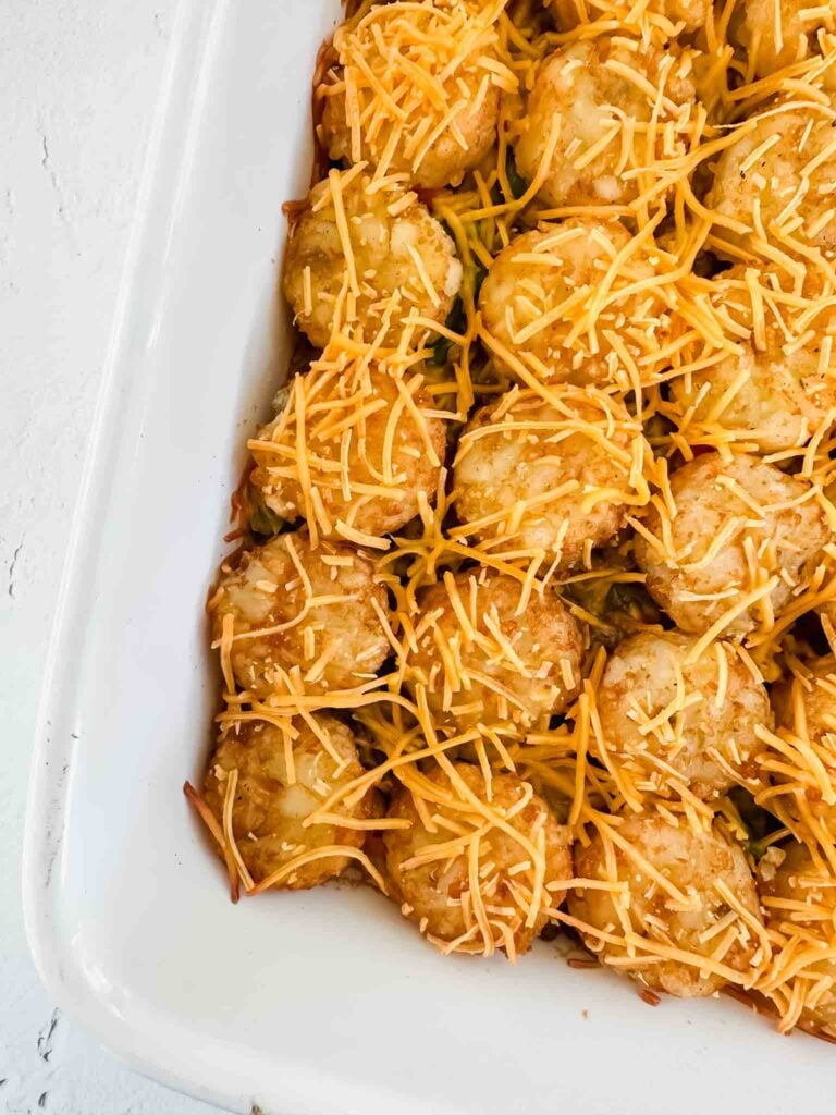 close up angle dish with tater tot shepherd's pie