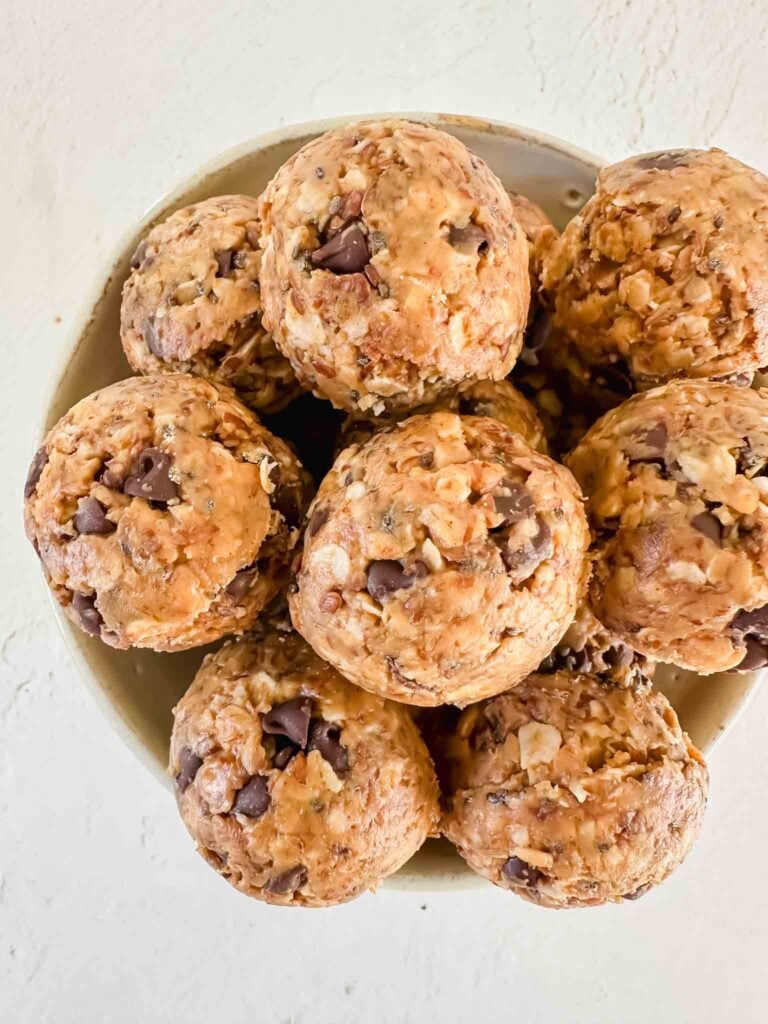 Bowl of lactation energy bites (recipe in post)