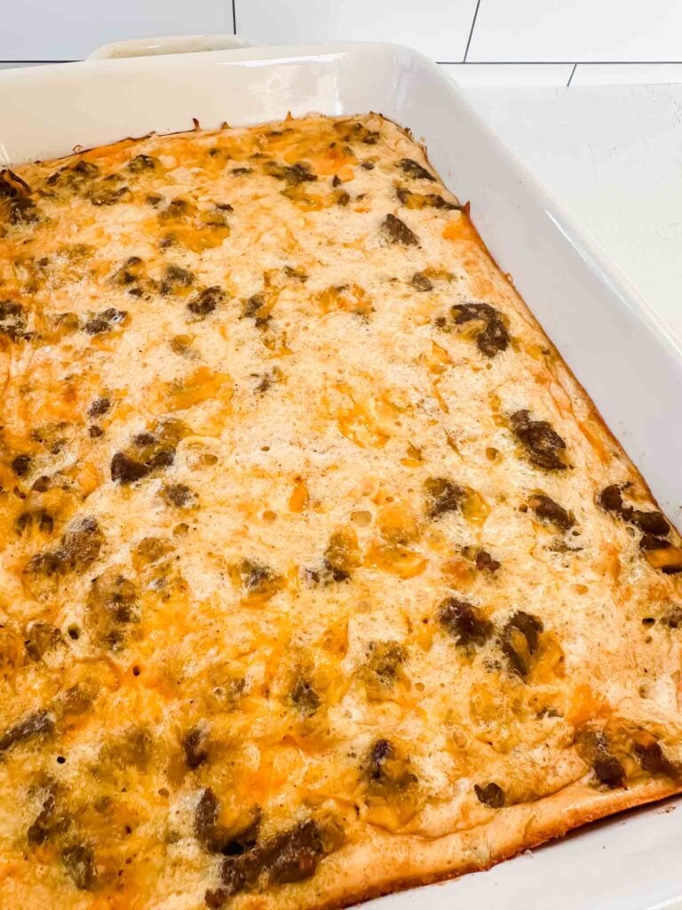 Angle of dish with breakfast hashbrown casserole