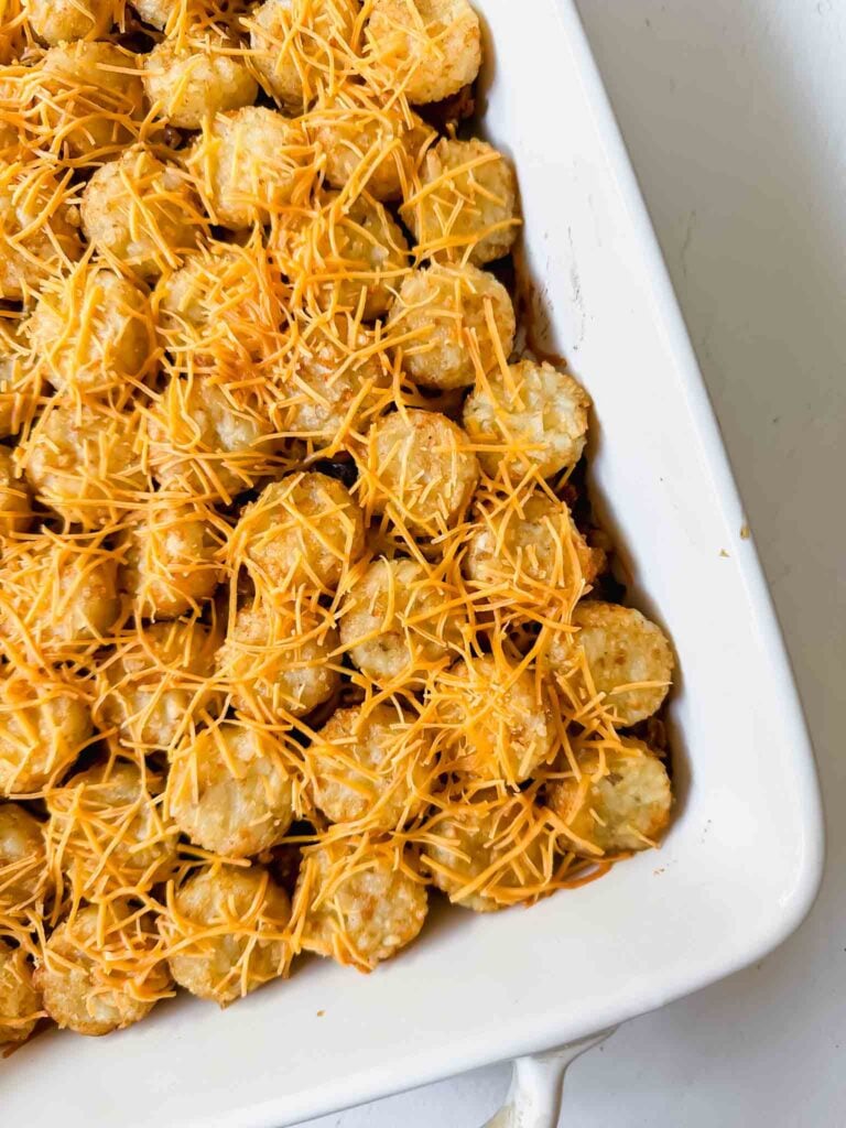 Close up of dish with cheeseburger tater tot casserole