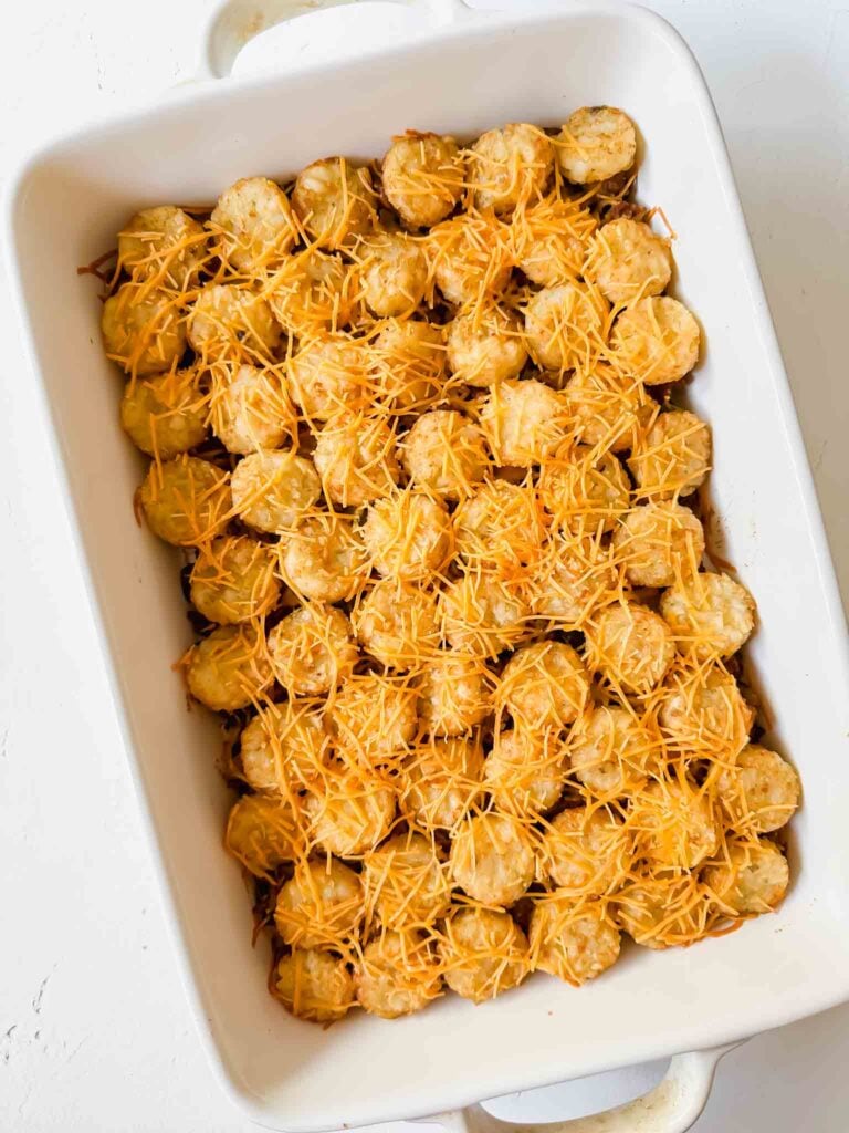 Overhead of dish with cheeseburger tater tot casserole