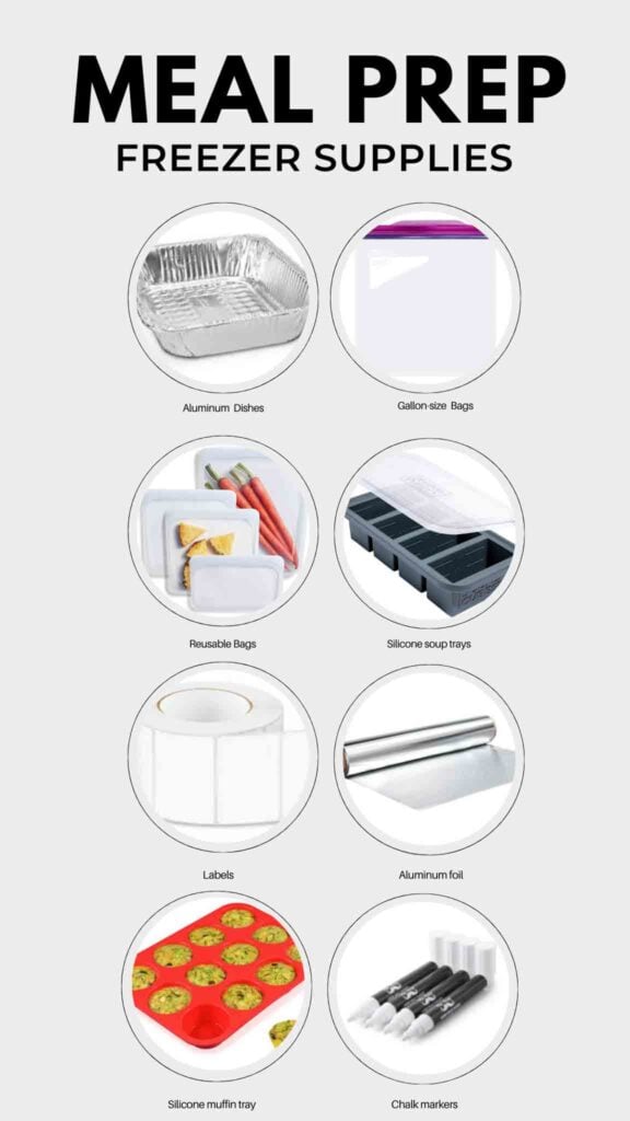 Collage of meal prep freezer supplies (details in post)