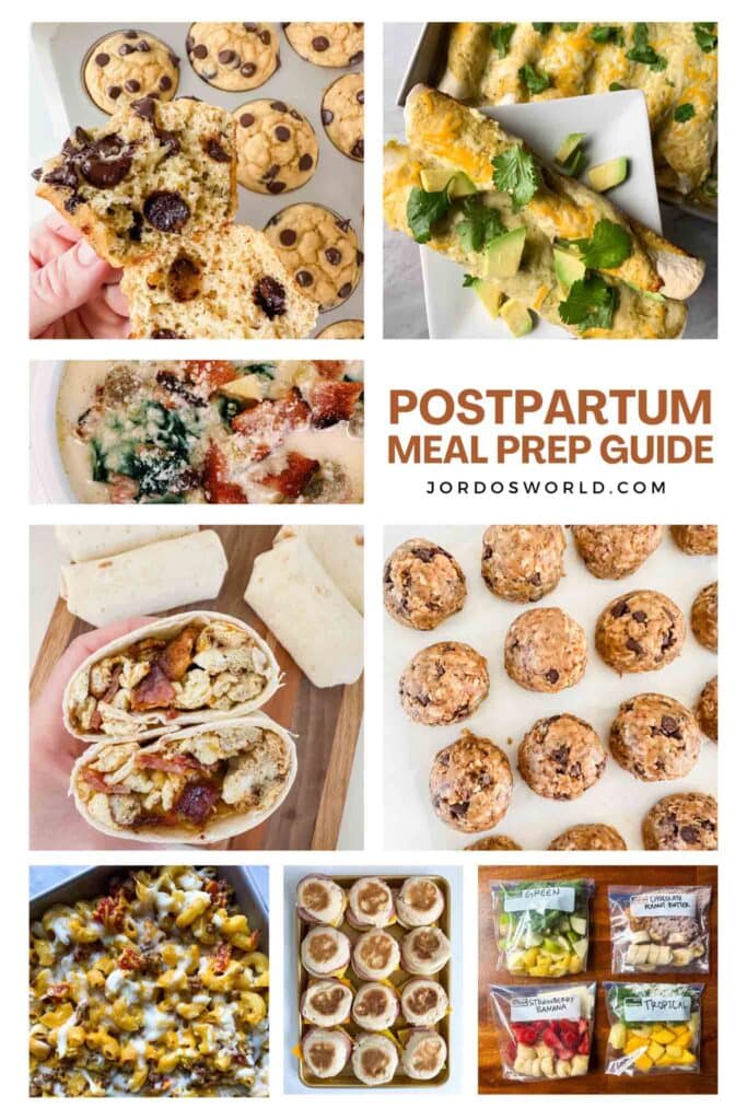 This is a collage for a postpartum meal prep guide. There are several pictures of recipes used in the meal prep guide. There are recipes for pancake muffins, chicken enchiladas, soup, breakfast burritos, energy bites, a casserole, breakfast sandwiches, and smoothie bags.