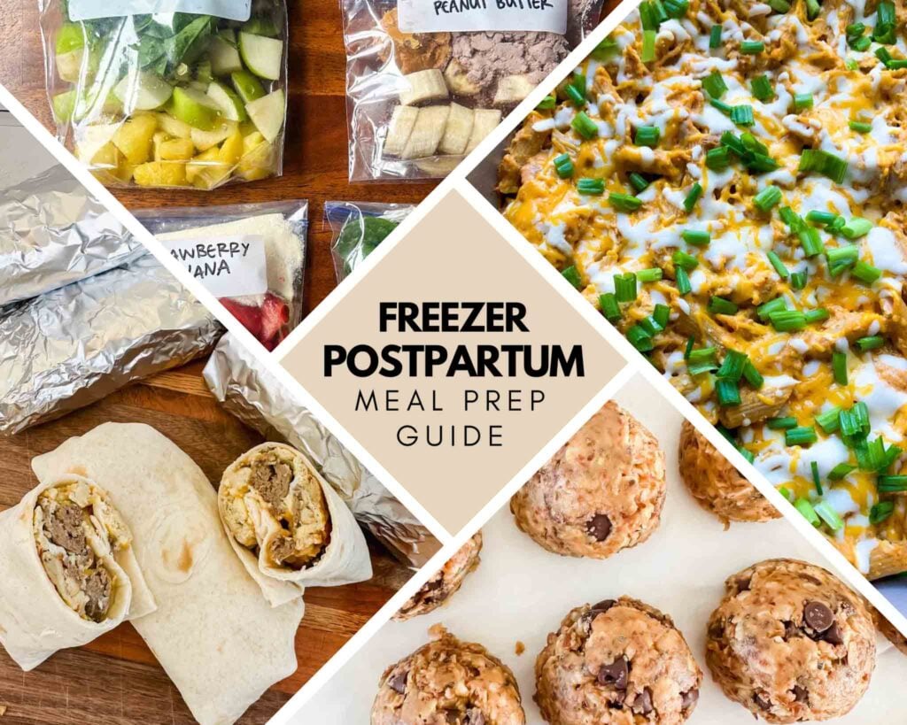 This is a collage for a postpartum meal prep guide. One picture is a smoothie meal prep guide, one picture is a buffalo chicken pasta bake, one is lactation energy bites, and one is breakfast burritos.