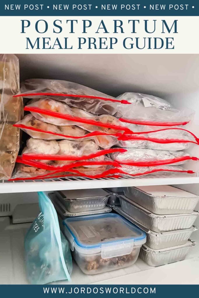 This is a pinterest pin for the postpartum meal prep guide. The top shelf of the freezer includes stacks of gallon ziplocks of prepped foods. The bags have aluminum foil burritos, pancake bites, and more. The bottom shelf includes small aluminum foil casserole dishes and containers and reusable bags with lactation bites. The title of the blog post is on the freezer.