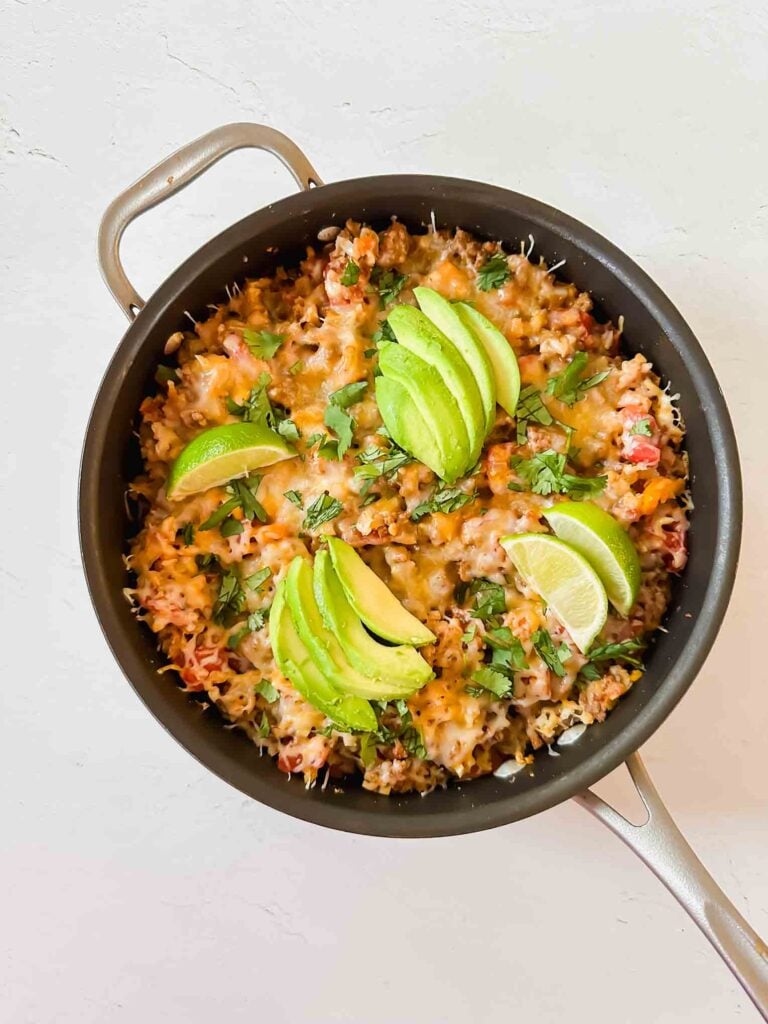 Zoomed out overhead of mexican cauliflower rice in skillet