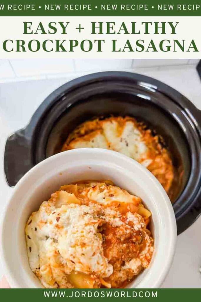 This is a pinterest pin for crockpot lasagna. This is a picture of crockpot lasagna. There's a black ceramic insert filled with cheesy lasagna noodles covered in meat sauce. There's a circle white bowl holding up a serving of it.