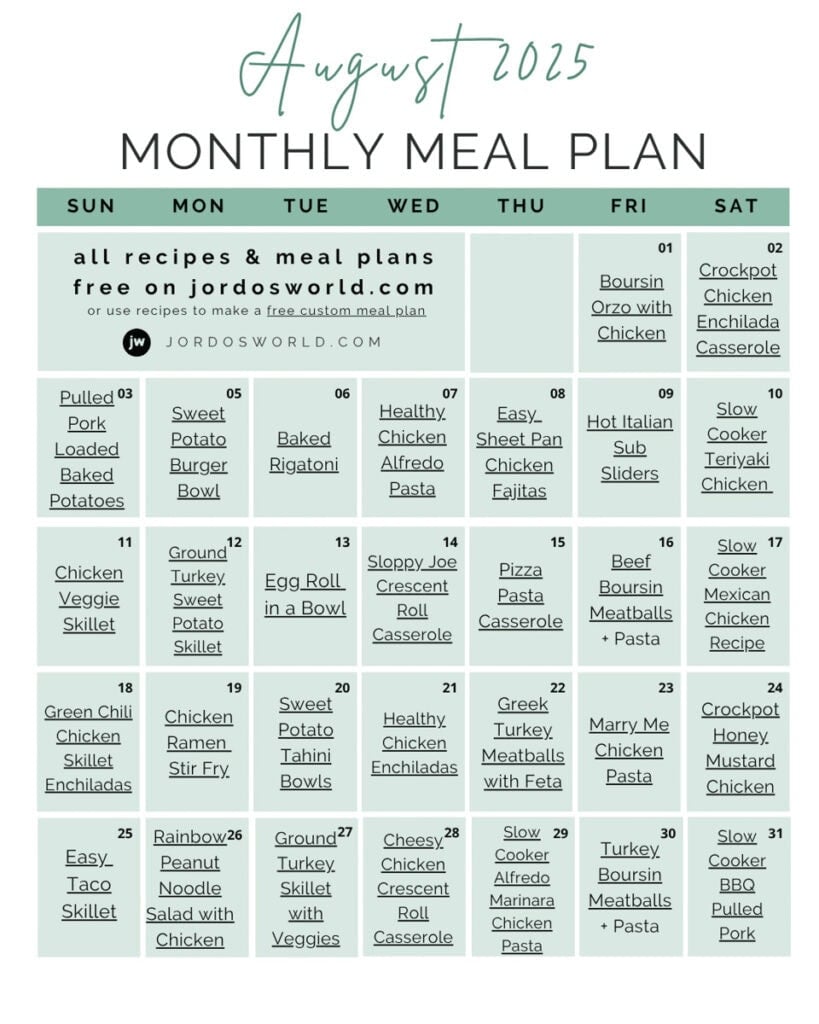 This is a calendar of a monthly meal plan. There's green squares for the entire month, there's recipes linked on each square.
