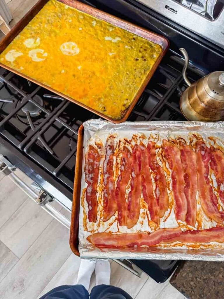 This is a picture of sheet pan eggs and sheet pan bacon