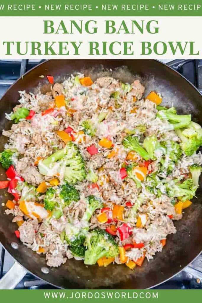 This is a pinterest pin for bang bang turkey rice bowls. There's a picture of the container with the title of the recipe on top.