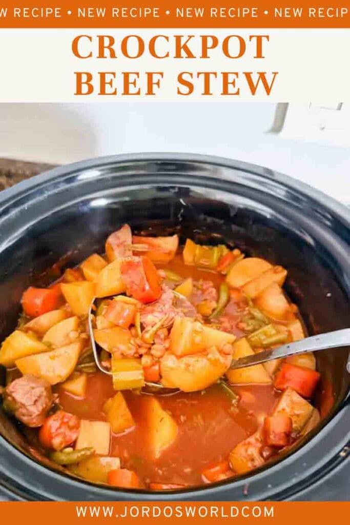 This is a pinterest pin for crockpot beef stew. There's a picture of beef stew and the title of the recipe on it.