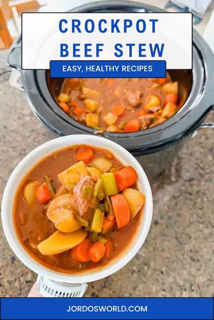 This is a pinterest pin for crockpot beef stew. There's a picture of beef stew and the title of the recipe on it.