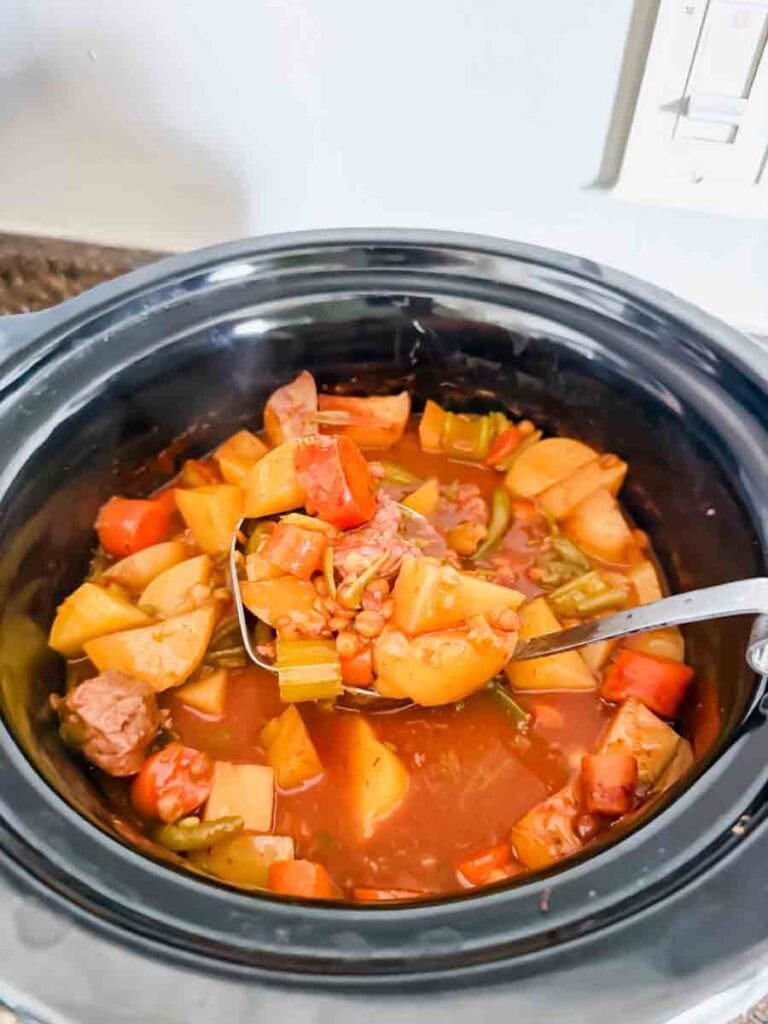 This is a crock pot filled with beef stew. There's beef chunks, potatoes, carrots, green beans, onions, and lentils.