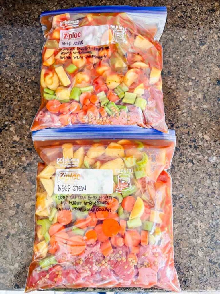 This is two gallon ziploc bags filled with beef stew. Each gallon bag has beef stew, potatoes, carrots, celery, and lentils.