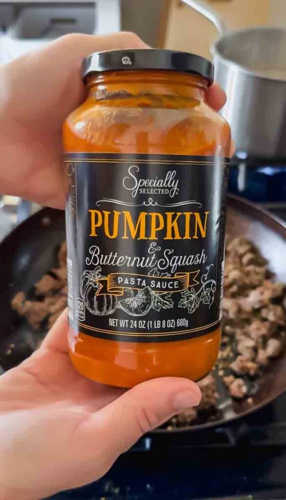 This is a picture of the pumpkin pasta sauce that is used to make pumpkin protein skillet lasagna.